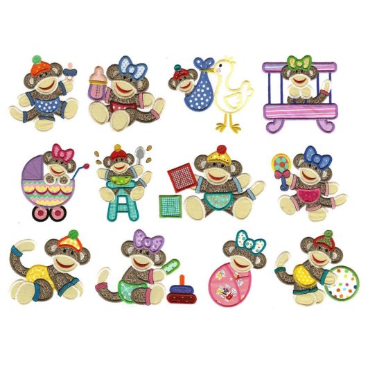 Sock Monkey Babies Applique Machine Embroidery Designs by JuJu 