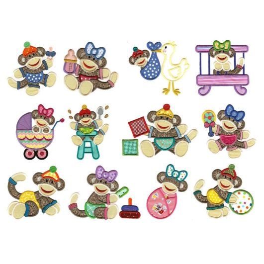 Jumbo Sock Monkey Babies Applique Machine Embroidery Designs by JuJu 