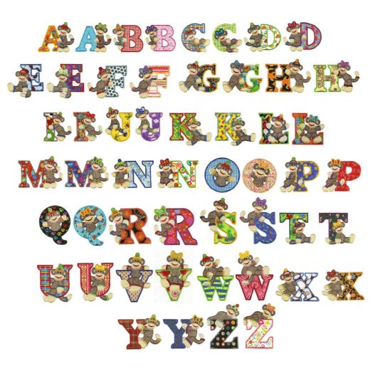 Sock Monkeys Alphabet Font 4x4 Applique Machine Embroidery Designs by JuJu 