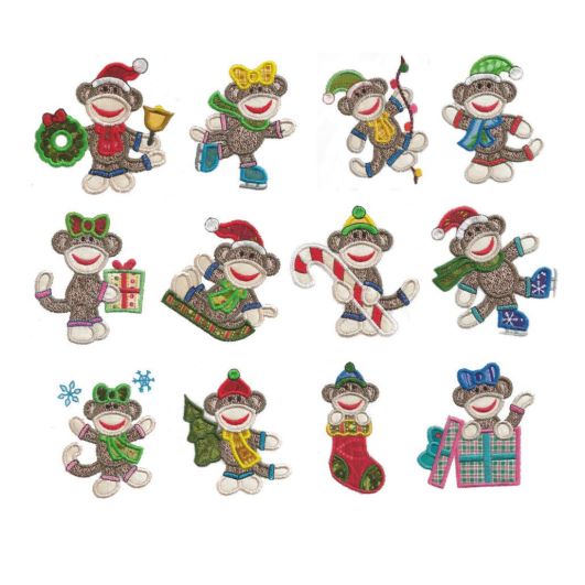 Christmas Sock Monkeys 4x4 Applique Machine Embroidery Designs by JuJu 