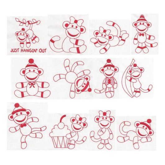 Sock Monkeys Redwork Set 1 Machine Embroidery Designs by JuJu