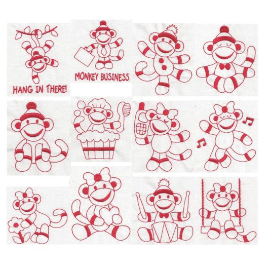 Sock Monkeys Too Redwork Machine Embroidery Designs by JuJu