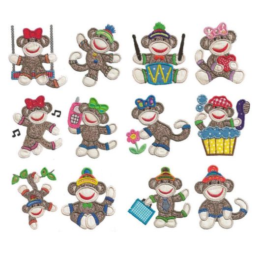 Sock Monkeys Too 4x4 hoop Applique Machine Embroidery Designs by JuJu 