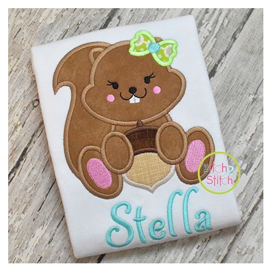 Squirrel Acorn Girl 2 Applique | Machine Embroidery Designs by JuJu
