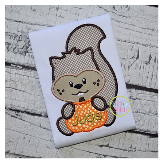 Squirrel with Pumpkin Boy Applique | Machine Embroidery Designs by JuJu