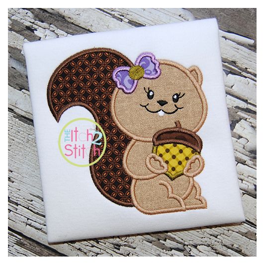 Squirrel Acorn Girl Applique | Machine Embroidery Designs by JuJu