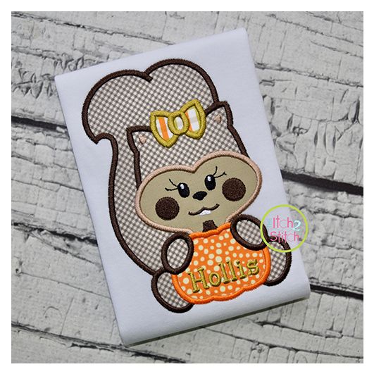 Squirrel with Pumpkin Girl Applique | Machine Embroidery Designs by JuJu