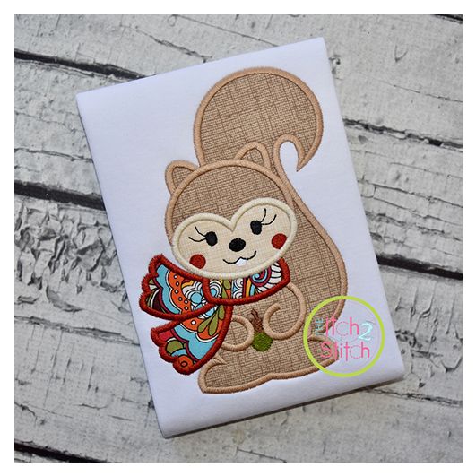 Squirrel with Scarf Girl Applique | Machine Embroidery Designs by JuJu