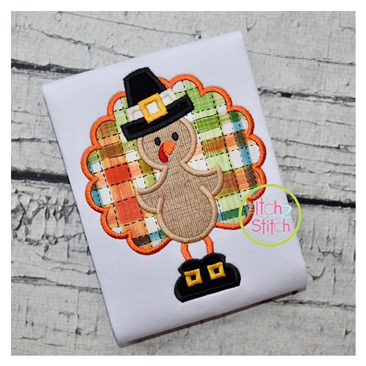 Standing Turkey In Pilgrim Hat Applique | Machine Embroidery Designs by JuJu