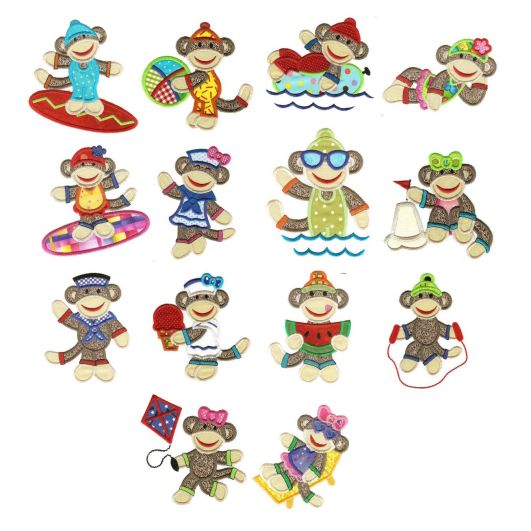 Summer Sock Monkeys Applique Machine Embroidery Designs by JuJu 
