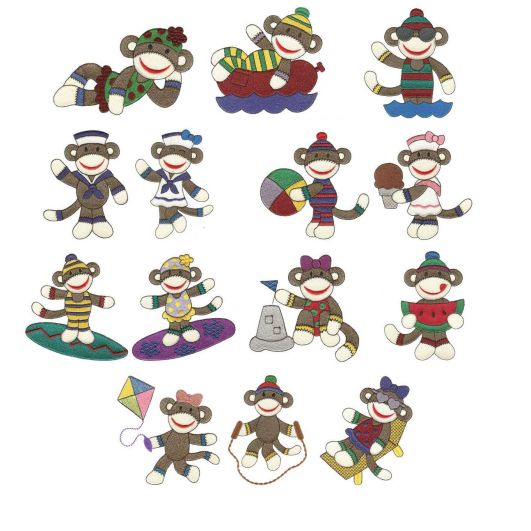 Summertime Sock Monkeys Filled Machine Embroidery Designs by JuJu