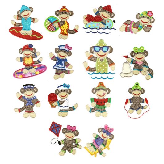 Jumbo Summer Sock Monkeys Applique Machine Embroidery Designs by JuJu 