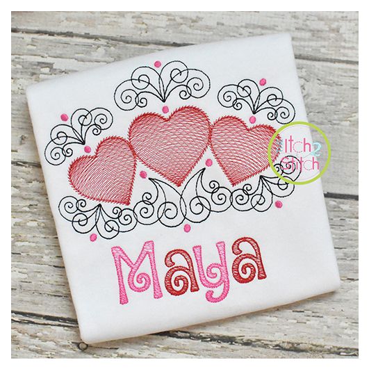 Super Swirly Heart Trio Sketch Embroidery Design | Machine Embroidery Designs by JuJu