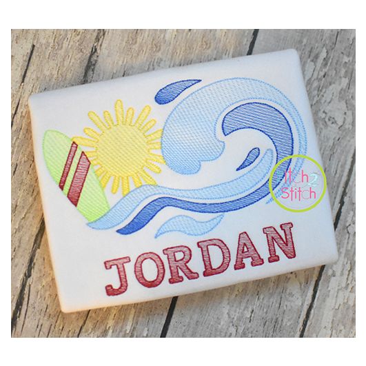 Surfboard Wave Scene Sketch Embroidery | Machine Embroidery Designs by JuJu
