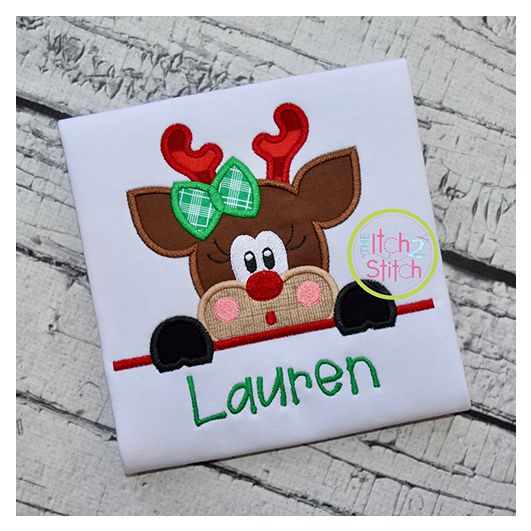 Surprised Reindeer Girl Peeker Applique | Machine Embroidery Designs by JuJu