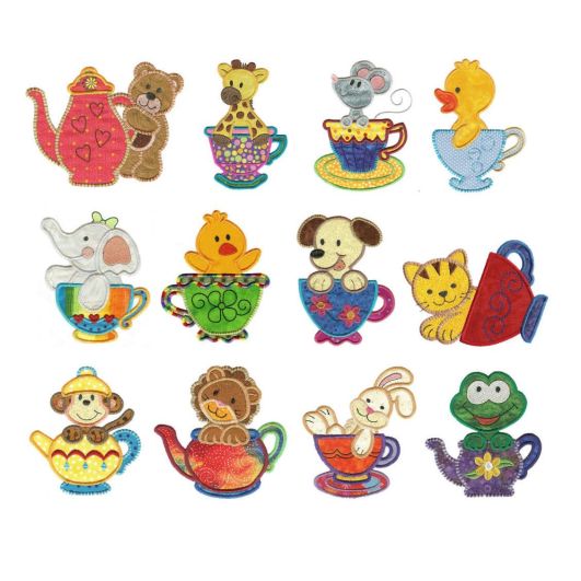 Tea Time Critters Applique Machine Embroidery Designs by JuJu 