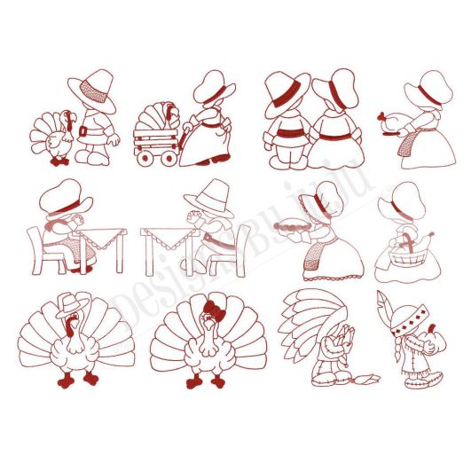 Thanksgiving Sunbonnets Redwork Machine Embroidery Designs by JuJu