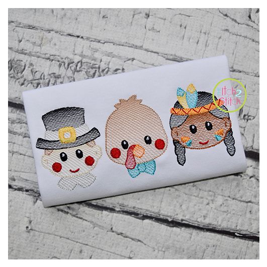 Thanksgiving Trio Boy Sketch Embroidery | Machine Embroidery Designs by JuJu
