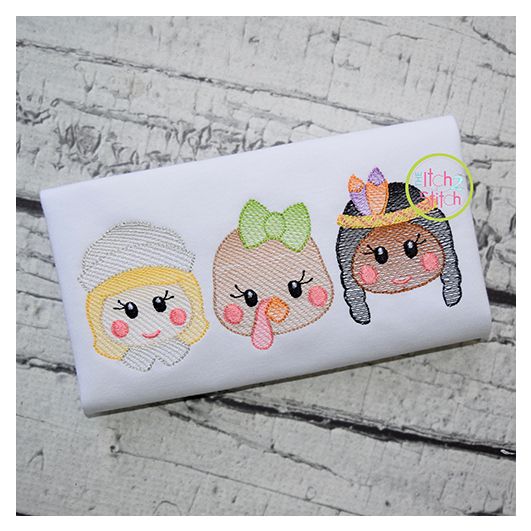 Thanksgiving Trio Girl Sketch Embroidery | Machine Embroidery Designs by JuJu