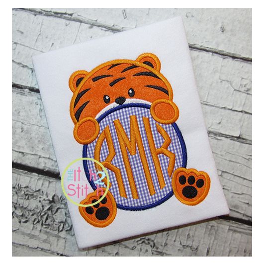 Tiger Mascot Monogram Peeker Applique | Machine Embroidery Designs by JuJu