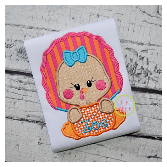 Turkey with Pumpkin Girl Applique | Machine Embroidery Designs by JuJu