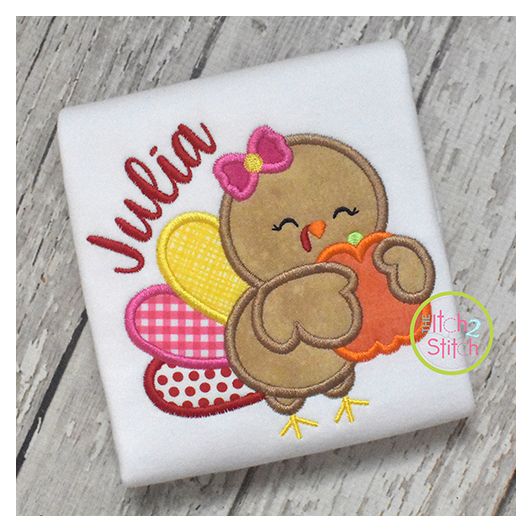 Turkey Hugging Pumpkin Girl Applique | Machine Embroidery Designs by JuJu