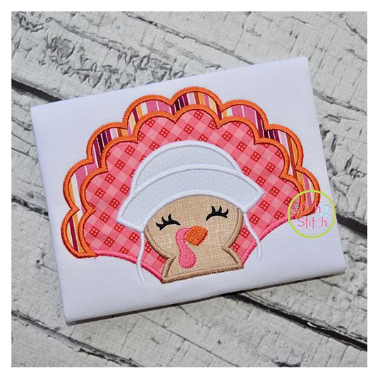 Turkey with Bonnet Girl Applique | Machine Embroidery Designs by JuJu