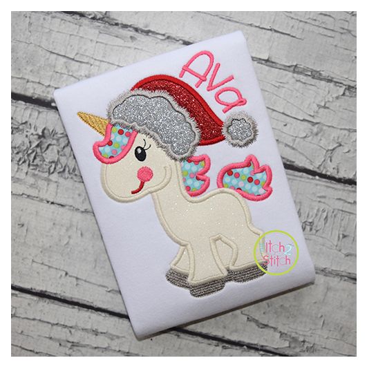 Unicorn in Santa Hat Applique | Machine Embroidery Designs by JuJu