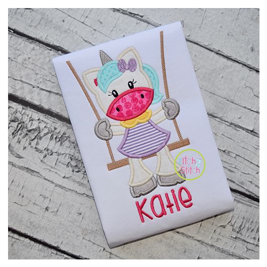 Unicorn in the Swing Girl Applique| Machine Embroidery Designs by JuJu