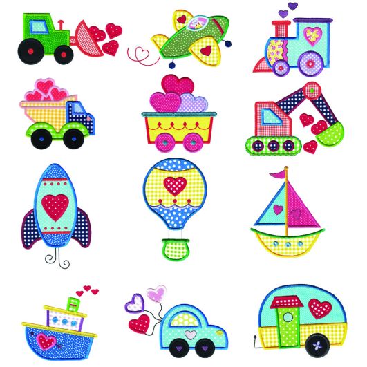 Valentine Vehicles Applique Machine Embroidery Designs by JuJu