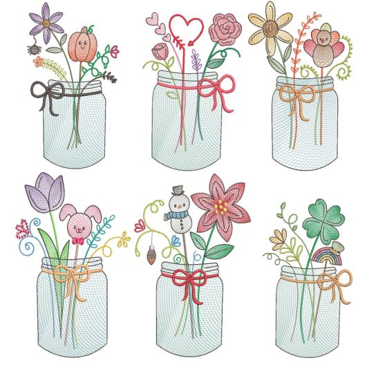 Vintage Sketch Holiday Mason Jars Machine Embroidery Designs by JuJu