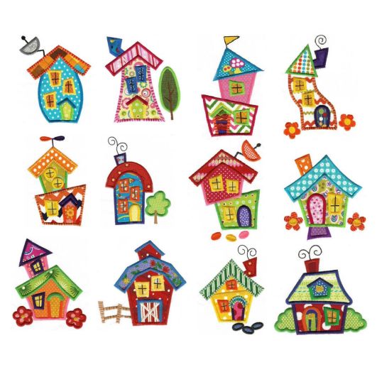 Whimsical Cottages Houses 5x7 Applique Machine Embroidery Designs by JuJu 