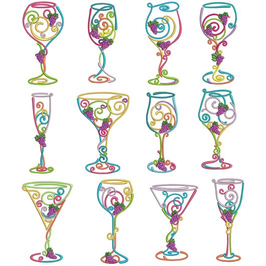 Whimsical Wine Glasses Machine Embroidery Designs by JuJu