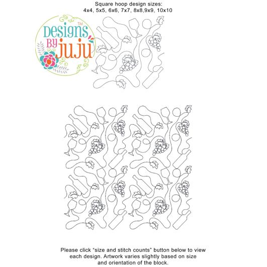 Wine and Grapes End-to-End Quilting Machine Embroidery Pattern Designs by JuJu for Edge to Edge Continuous Line Allover E2E Quilting With Your Embroidery Machine