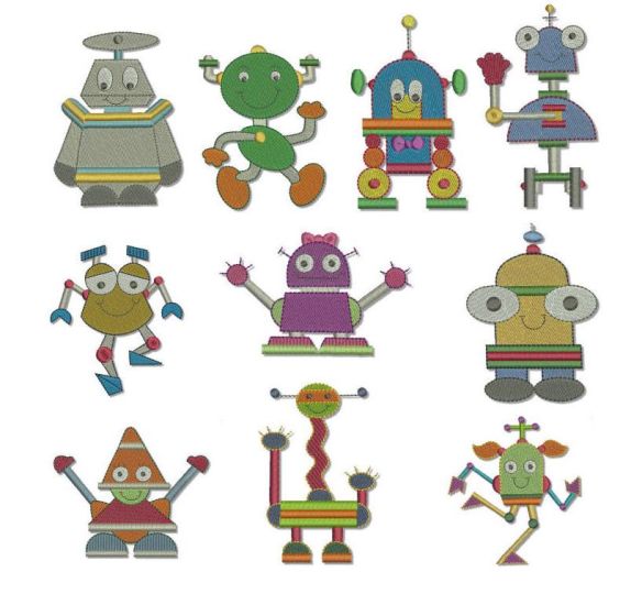Friendly Robots Machine Embroidery Designs by JuJu