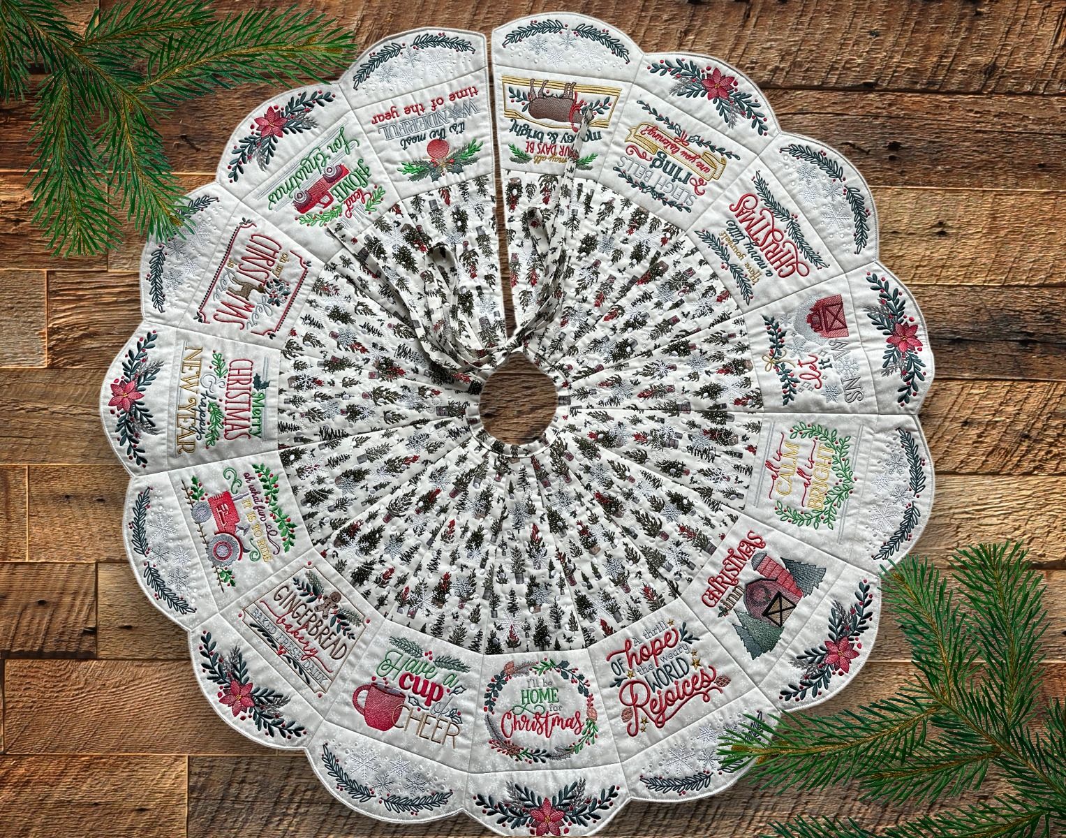ITH Farmhouse Christmas Tree Skirt  Machine Embroidery Designs by JuJu