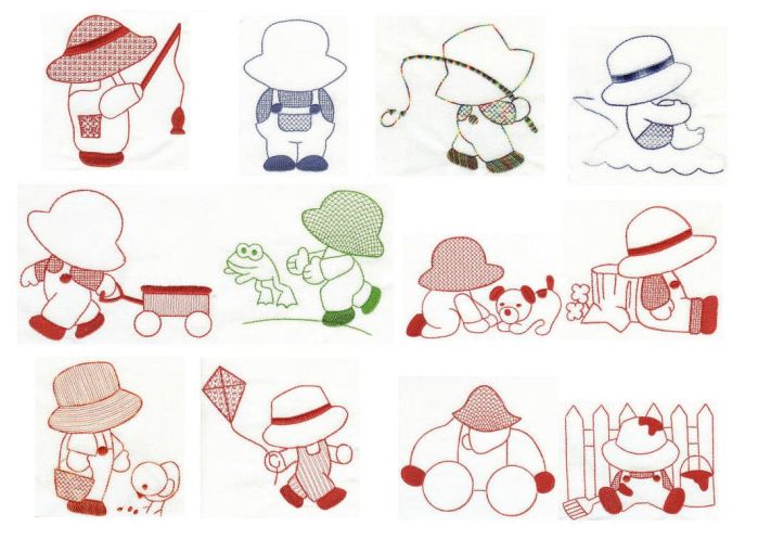 Sunbonnet Sam Redwork 5x7 Machine Embroidery Designs by JuJu