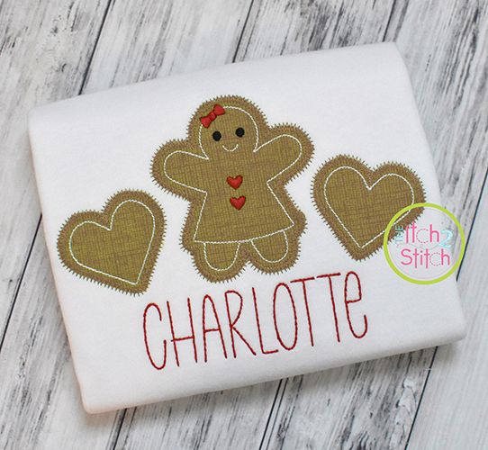 Gingerbread Girl Hearts Trio Zig Zag Applique | Machine Embroidery Designs by JuJu