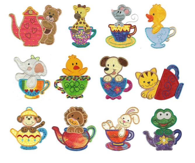 Tea Time Critters Applique Machine Embroidery Designs by JuJu 