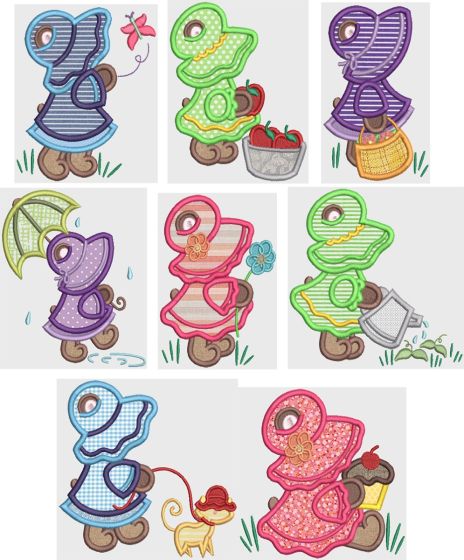 Bonnet Bears Girls Applique Machine Embroidery Designs by JuJu 