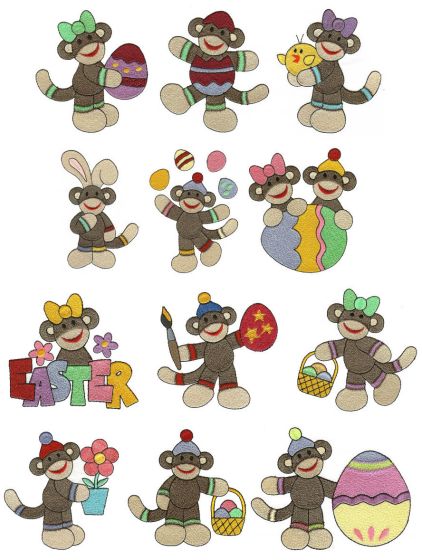 Easter Sock Monkeys Filled Machine Embroidery Designs by JuJu