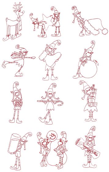 Quirky Christmas Elves Redwork Designs by Juju