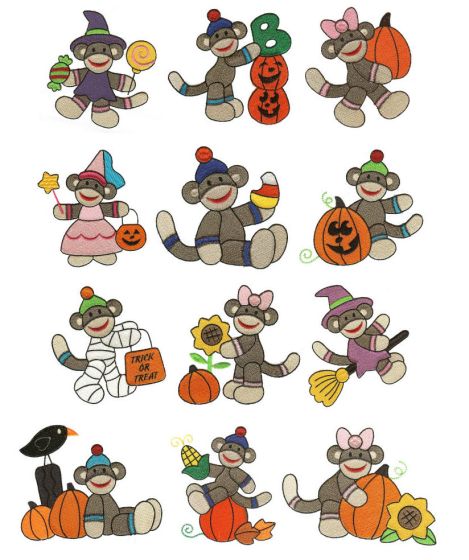 Halloween Harvest Sock Monkeys Filled Machine Embroidery Designs by JuJu