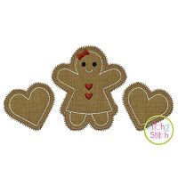 Gingerbread Girl Hearts Trio Zig Zag Applique | Machine Embroidery Designs by JuJu