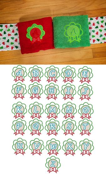 Christmas Wreath Embossed Monogram Alphabet Machine Embroidery Designs by JuJu