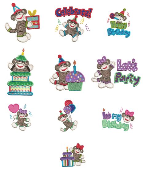 Happy Birthday Sock Monkeys Applique machine embroidery Designs by JuJu