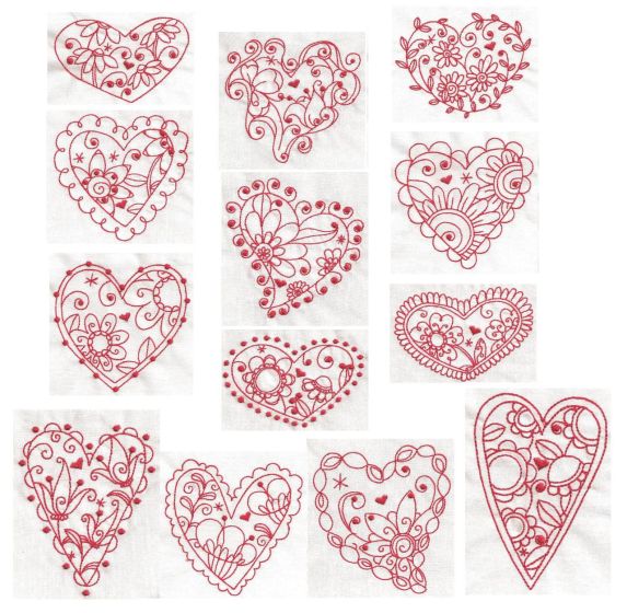 Whimsical Hearts Redwork Machine Embroidery Designs by JuJu