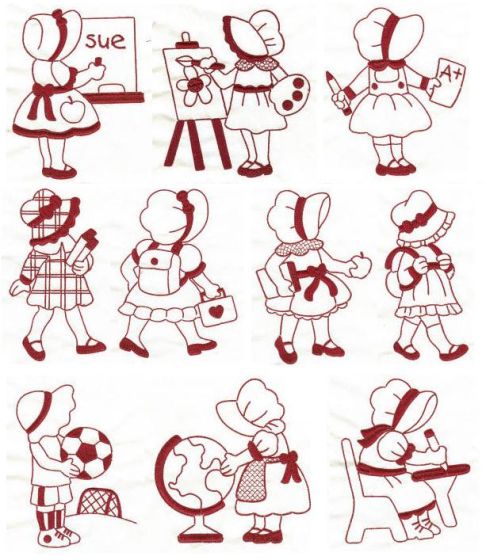 Sunbonnet Sue Goes Back to School Redwork Machine Embroidery Designs by JuJu