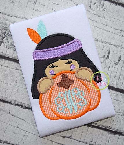 Indian Girl Pumpkin Peeker Applique | Machine Embroidery Designs by JuJu