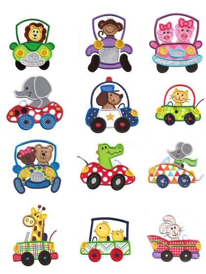 Cute Animals in Cars Applique Machine Embroidery Designs by JuJu 